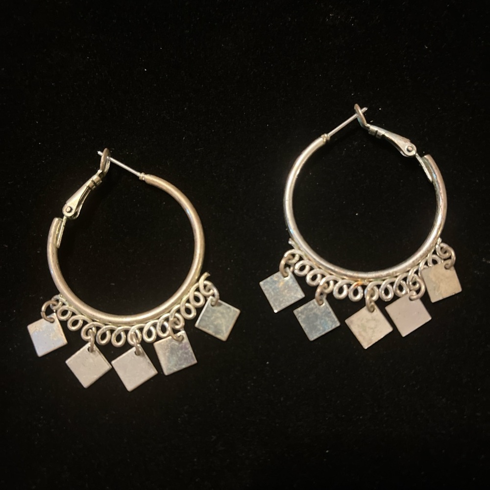 Silver Tone Square Hoops With Dangling Square Cha… - image 7